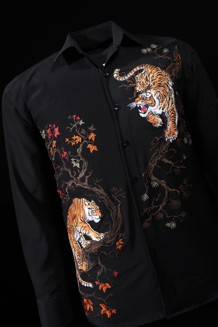 LoudLess EMB Tiger — Men's luxury embroidered tiger shirt in black blended luxury fabric. Wedding, festive and clubbing shirt by LoudLess.