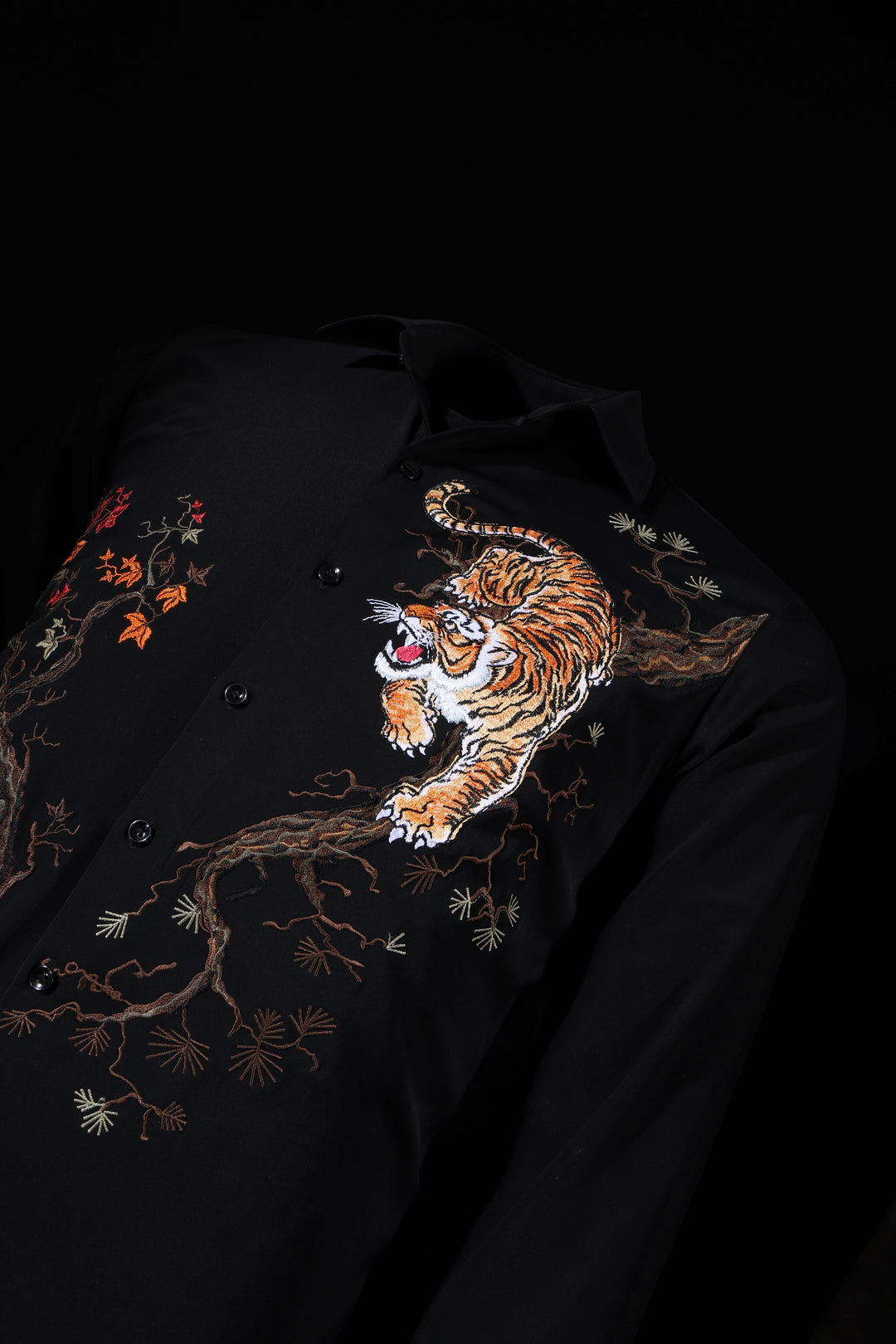LoudLess EMB Tiger — Embroidered tiger shirt in black blended luxury fabric. Premium luxury shirt from LoudLess India.