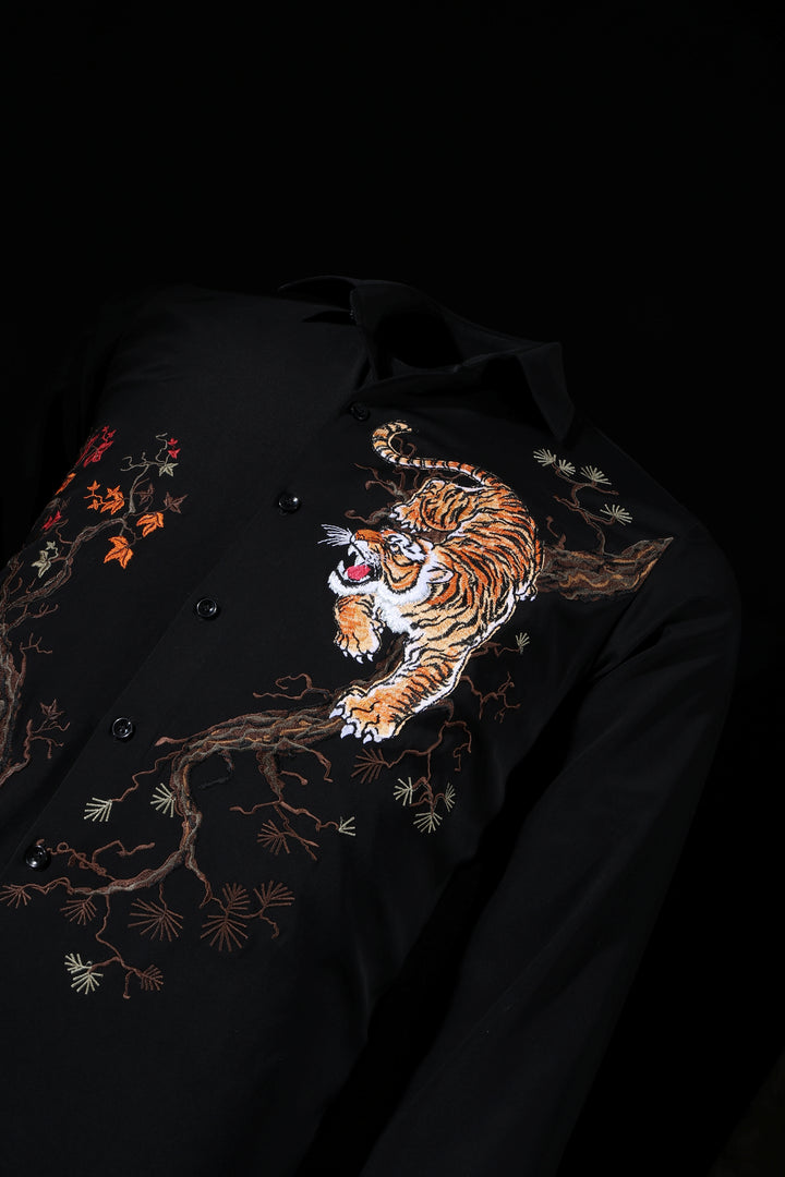LoudLess EMB Tiger — Embroidered tiger shirt in black blended luxury fabric. Premium luxury shirt from LoudLess India.
