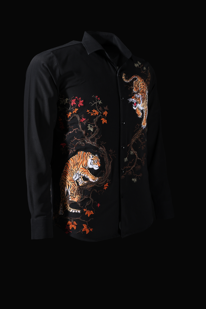 LoudLess EMB Tiger — Premium luxury embroidered shirt with tiger and floral motif on white blended luxury fabric. Wedding shirt from Delhi.