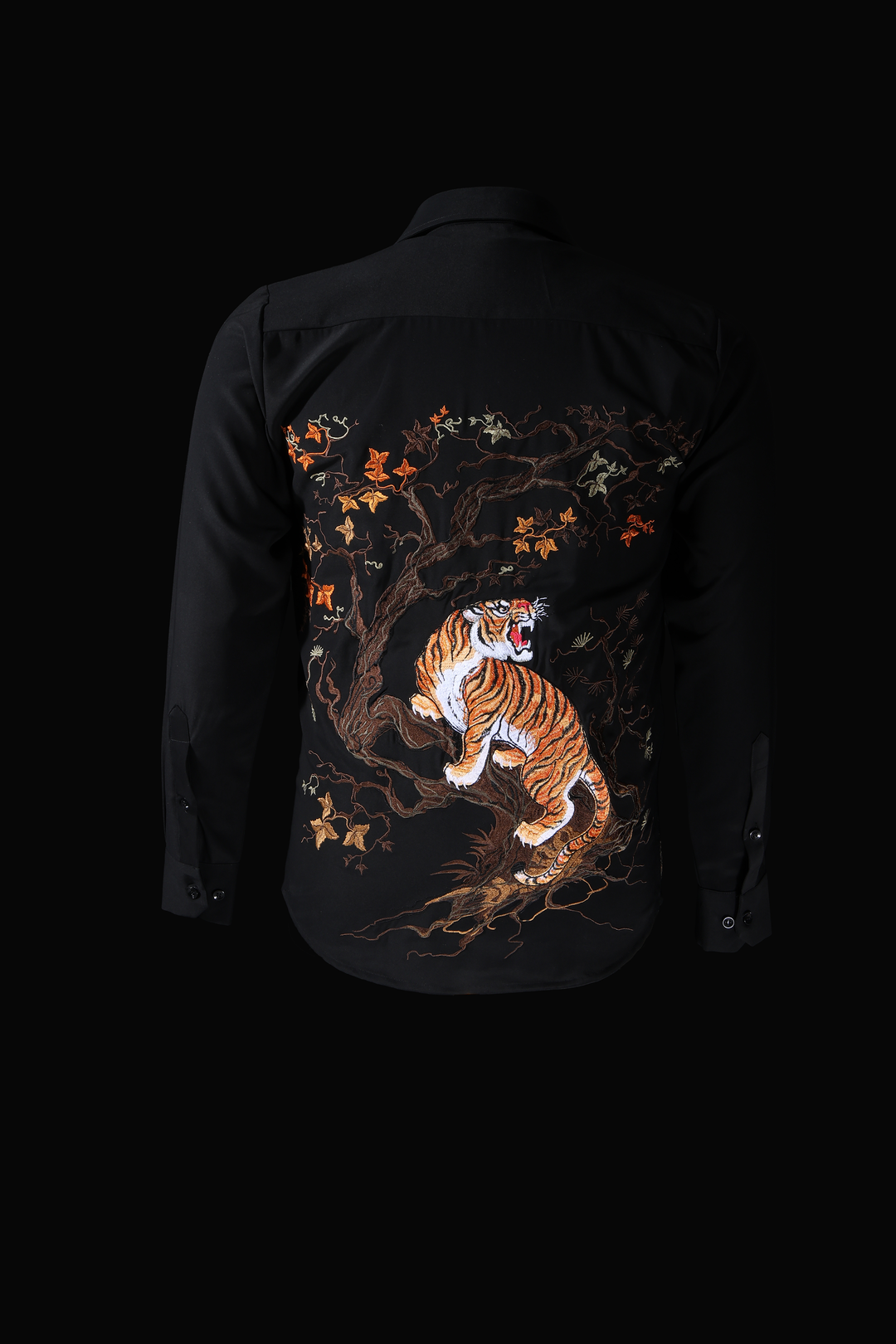 LoudLess EMB Tiger — Men's premium tiger embroidery on black blended luxury fabric. Festive and wedding shirt from LoudLess India.