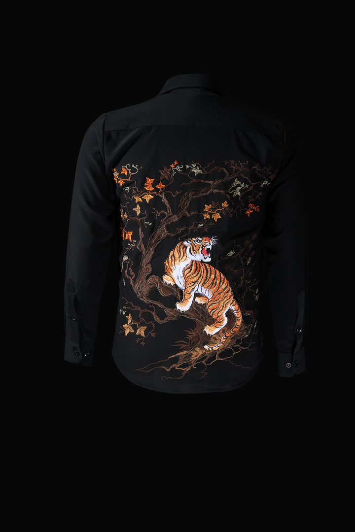LoudLess EMB Tiger — Men's premium tiger embroidery on black blended luxury fabric. Festive and wedding shirt from LoudLess India.