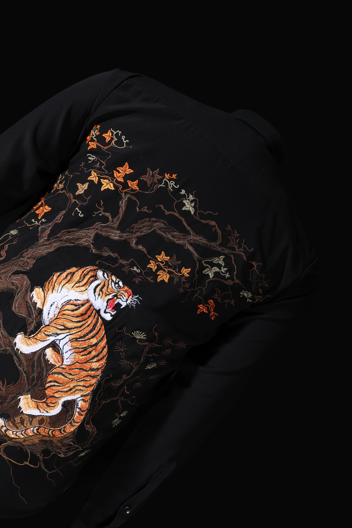 LoudLess EMB Tiger — Men's black premium embroidered tiger shirt in blended luxury fabric. Luxury partywear from Delhi.