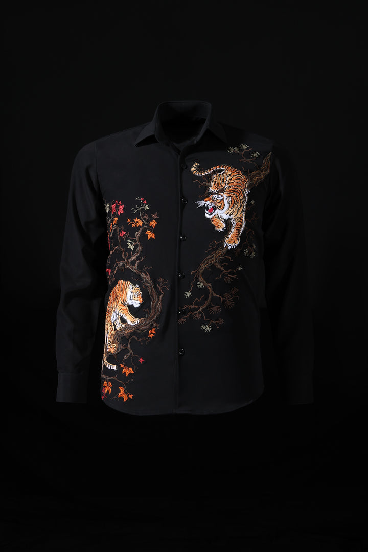 LoudLess EMB Tiger — Premium embroidered tiger shirt for men in black blended luxury fabric. Luxury wedding and party shirt from Delhi.