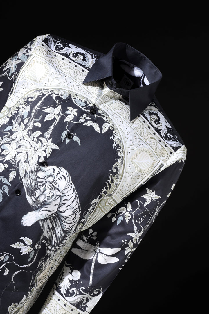 Decorative pillow with a tiger and floral design on a black background LoudLess