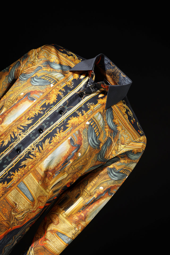 Decorative object with gold and blue patterns on a black background LoudLess