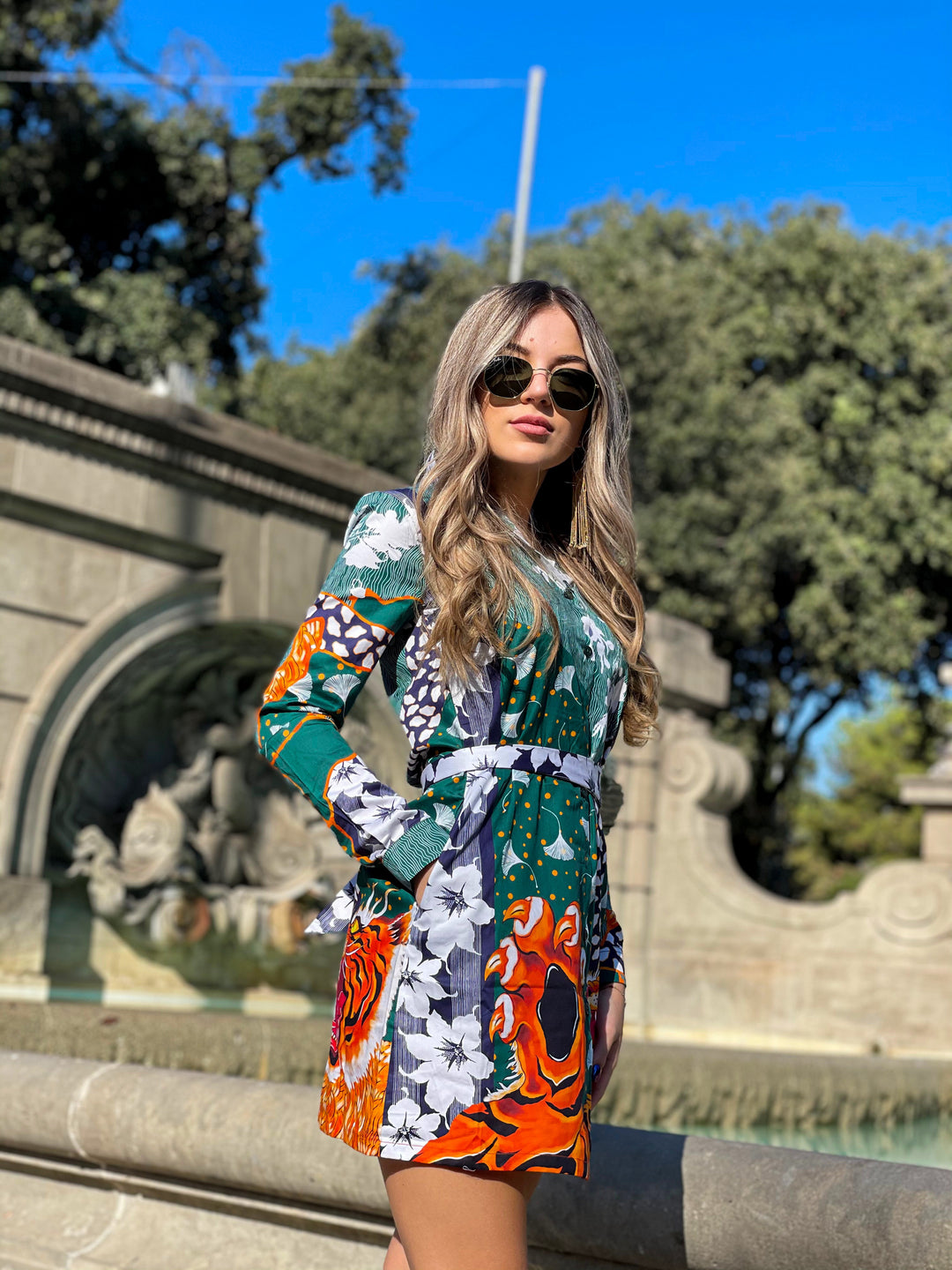 green tiger dress Oversized Plisse Shirt Dress in Green Tiger Tales Print -Lala Original 3XL