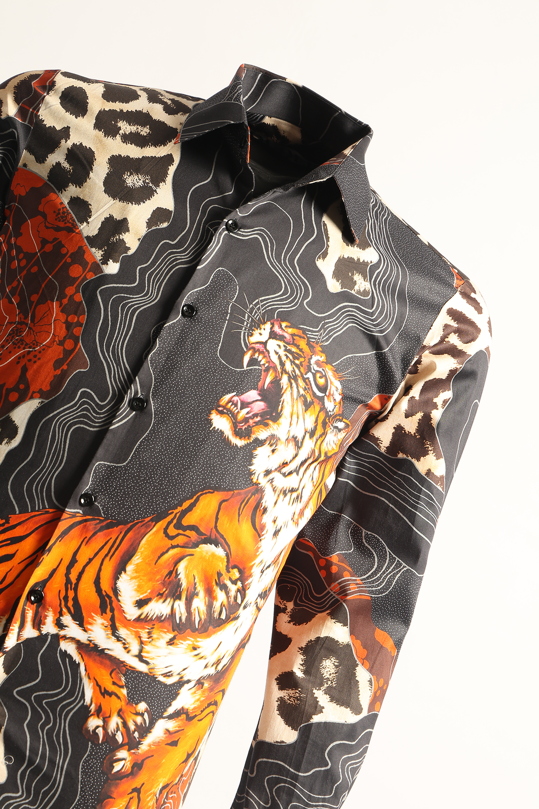 Savrez by LoudLess — Detailed tiger motif on premium cotton. Men's full sleeve shirt for partywear and clubbing.