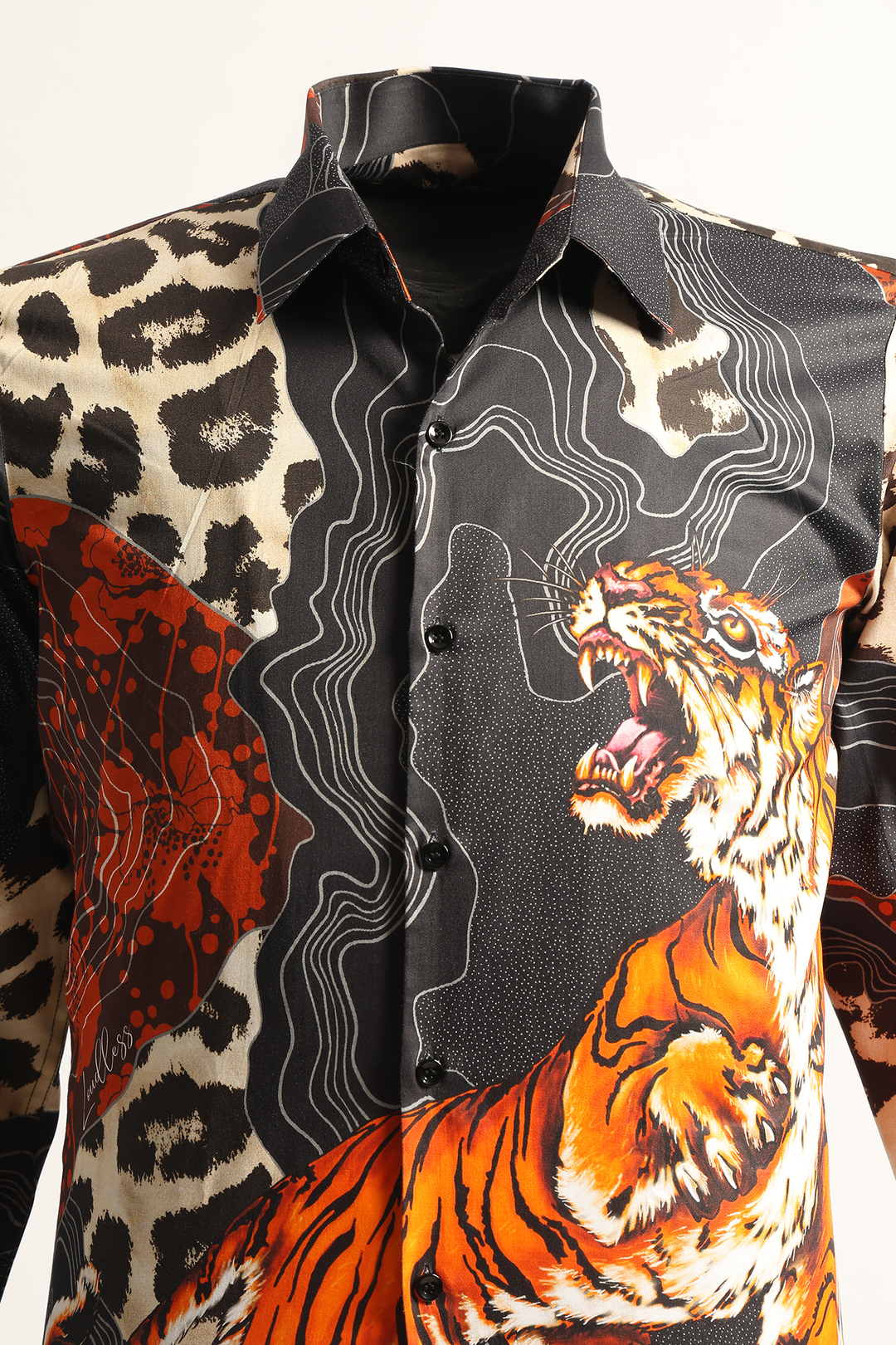 LoudLess Savrez shirt — Tiger motif on cotton for men, vacationwear and partywear from Delhi.