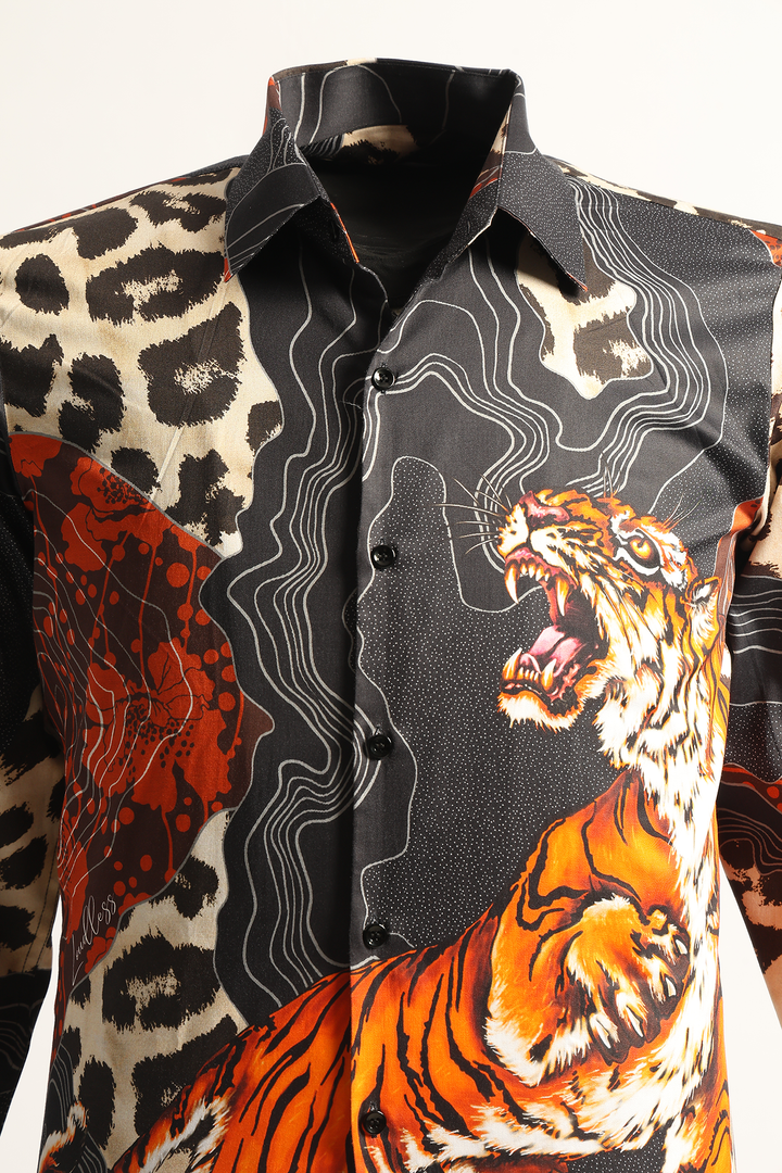 LoudLess Savrez shirt — Tiger motif on cotton for men, vacationwear and partywear from Delhi.
