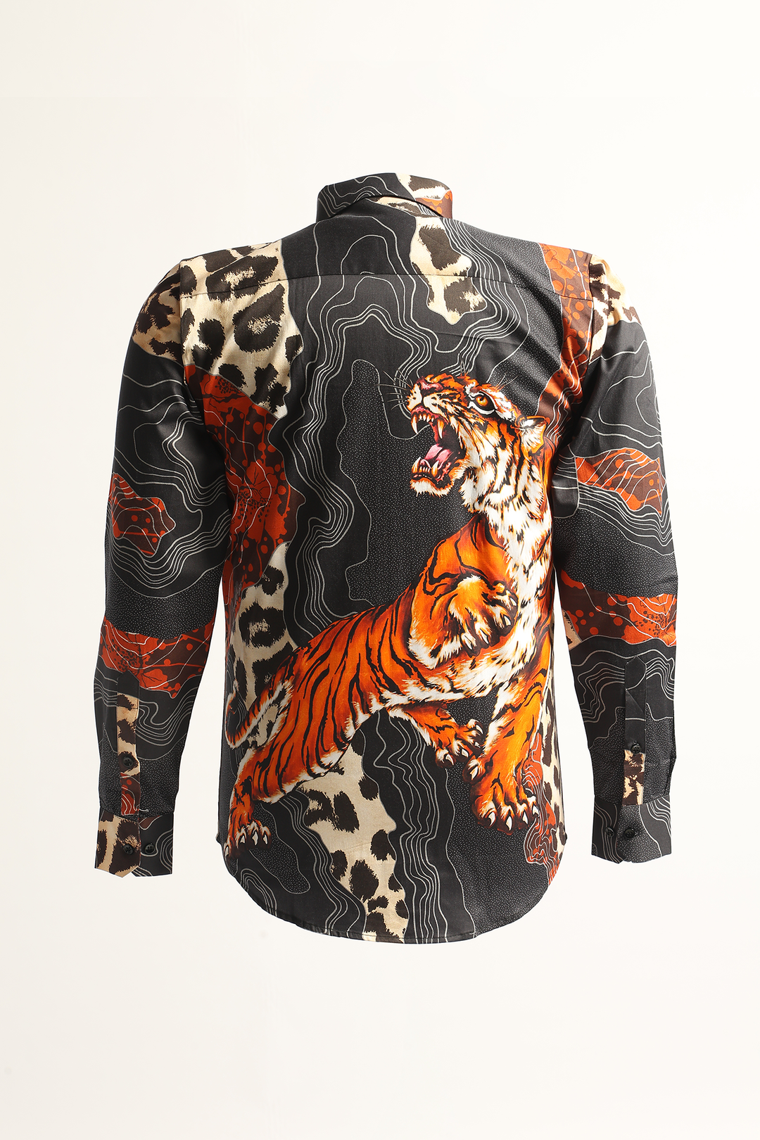 LoudLess men's tiger print shirt — Savrez design on 100% cotton with customizable fittings up to 80-inch chest.