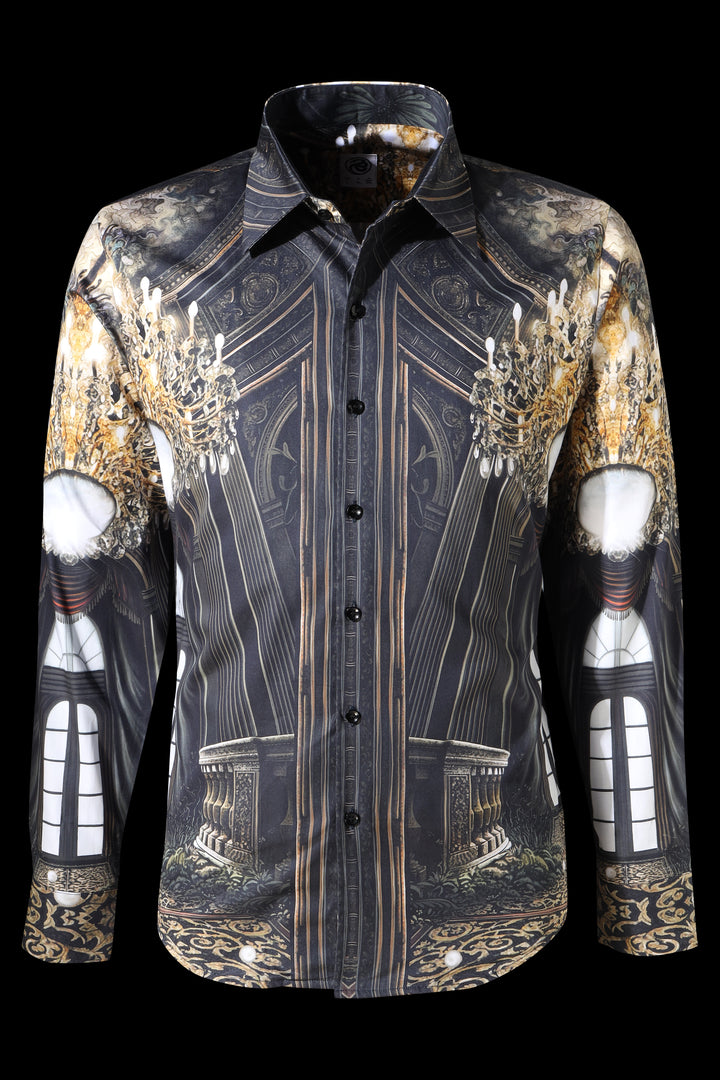 Decorative shirt with chandelier and architectural design on a black background LoudLess