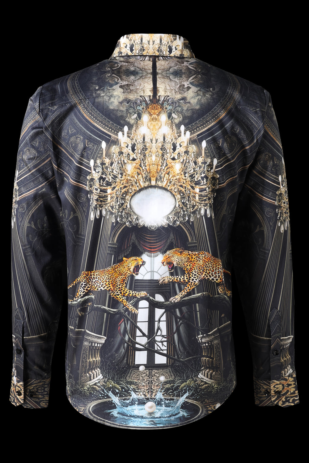Elegant shirt with a chandelier and leopard design on a black background LoudLess