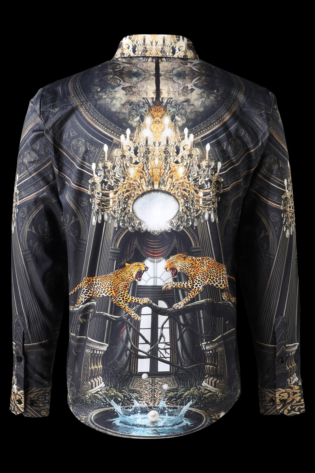Elegant shirt with a chandelier and leopard design on a black background LoudLess