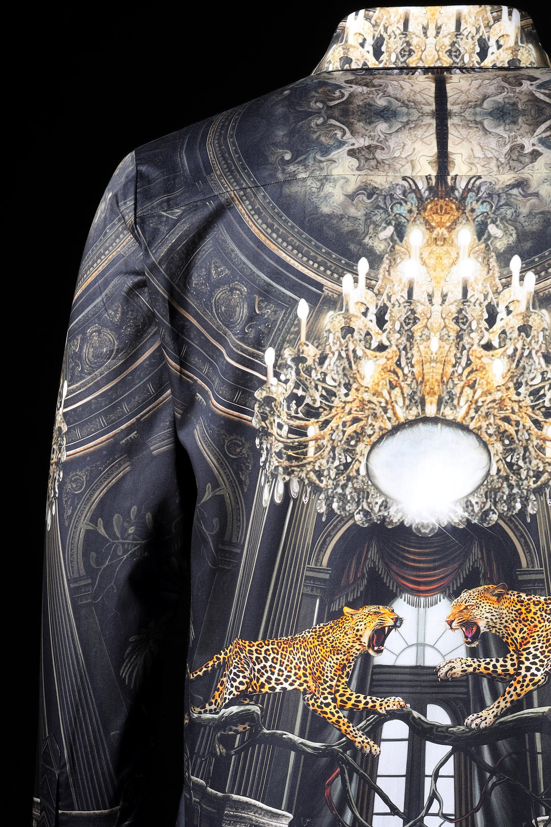 Luxurious jacket with leopard design and chandelier in the background LoudLess