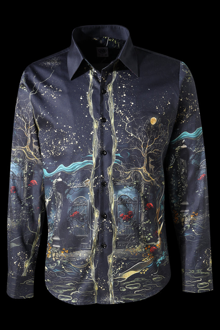 Navy blue shirt with artistic tree and landscape design on a black background LoudLess