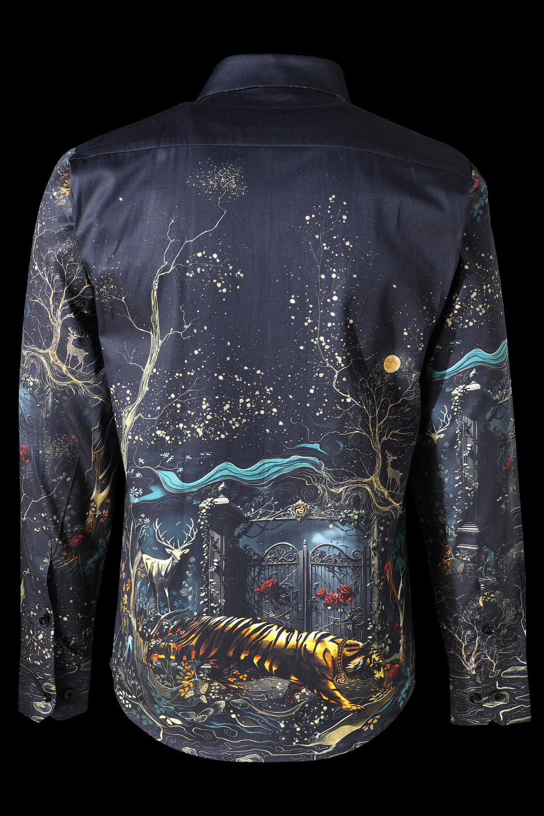 Navy blue shirt with a tiger and celestial design on the back, against a black background. LoudLess