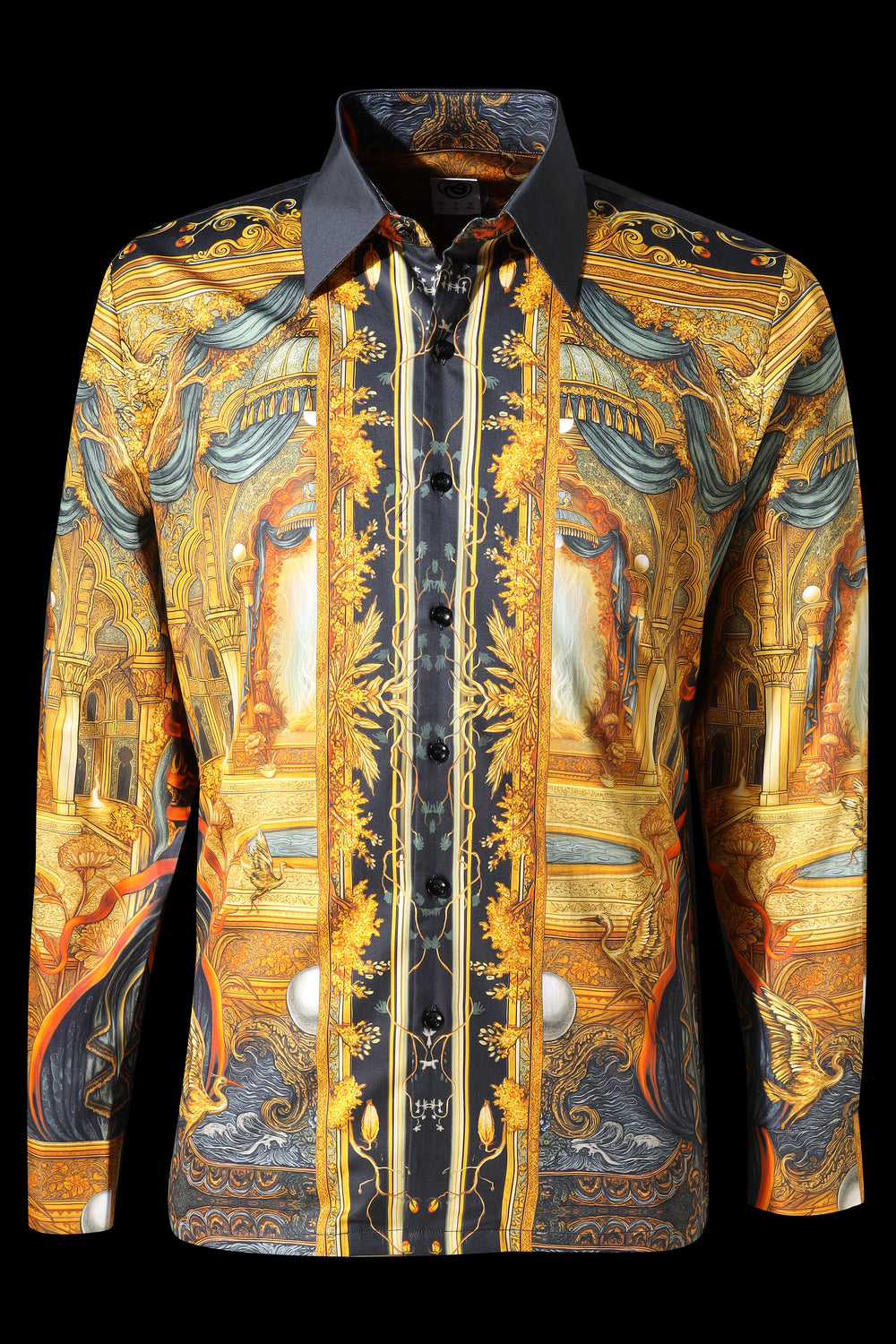 Decorative shirt with intricate gold and blue pattern on a black background LoudLess