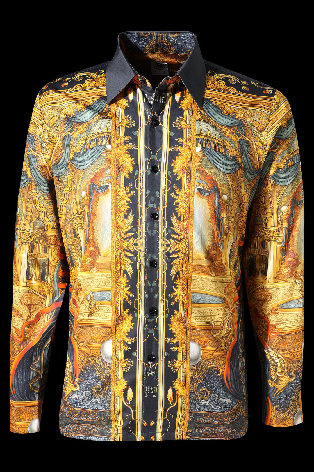 Decorative shirt with intricate gold and blue pattern on a black background LoudLess