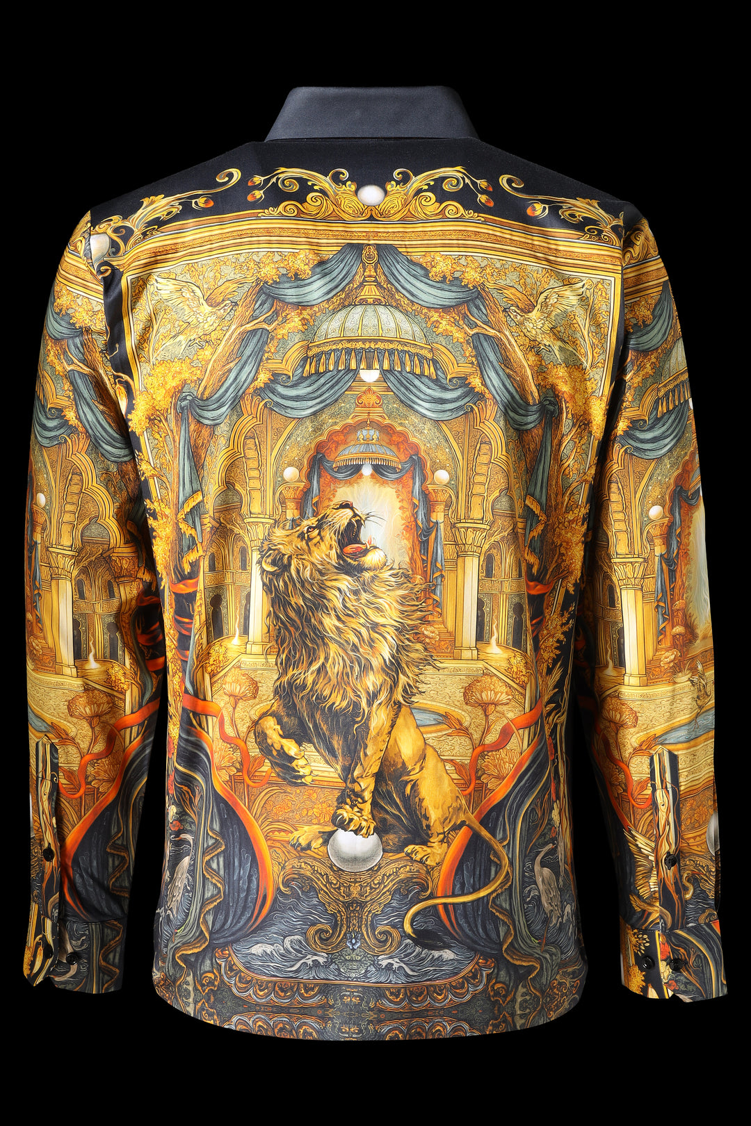 Luxurious jacket with ornate design featuring a lion and classical architecture on a black background LoudLess