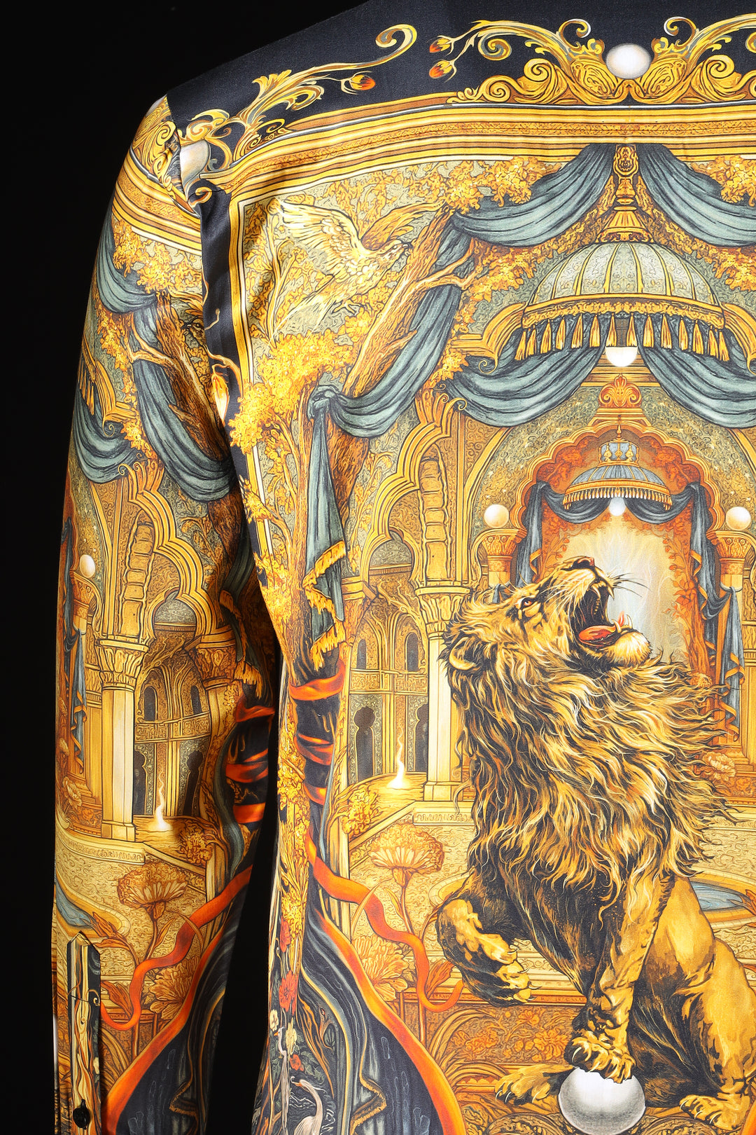 Decorative fabric with a lion and architectural design on a black background LoudLess