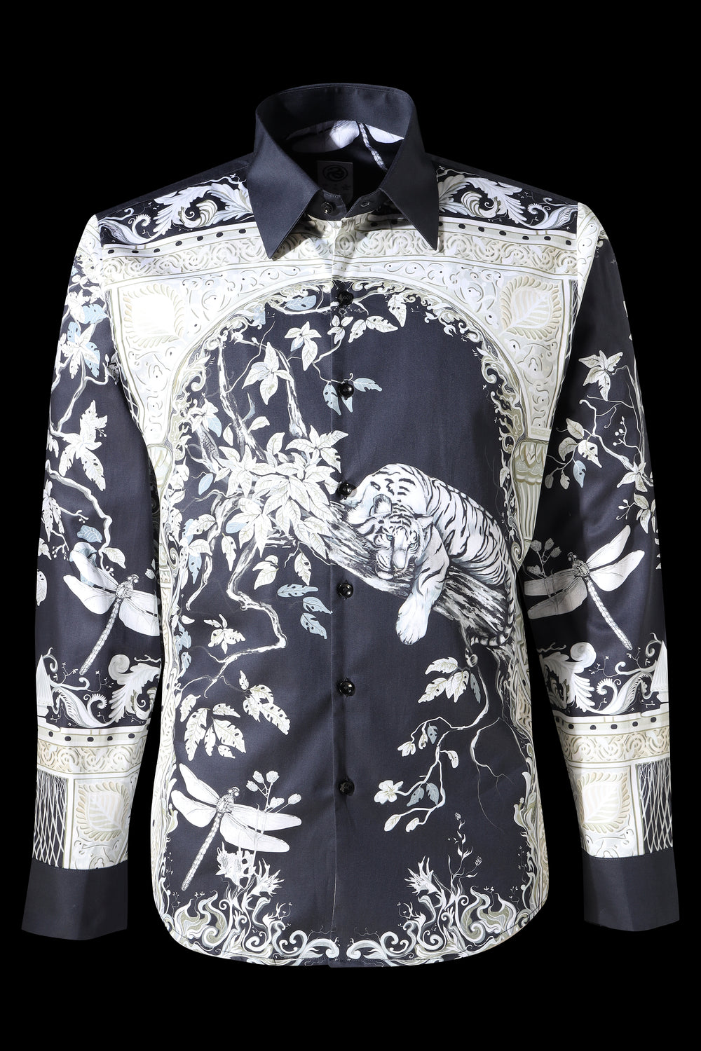 Black shirt with white floral and tiger design on a black background LoudLess