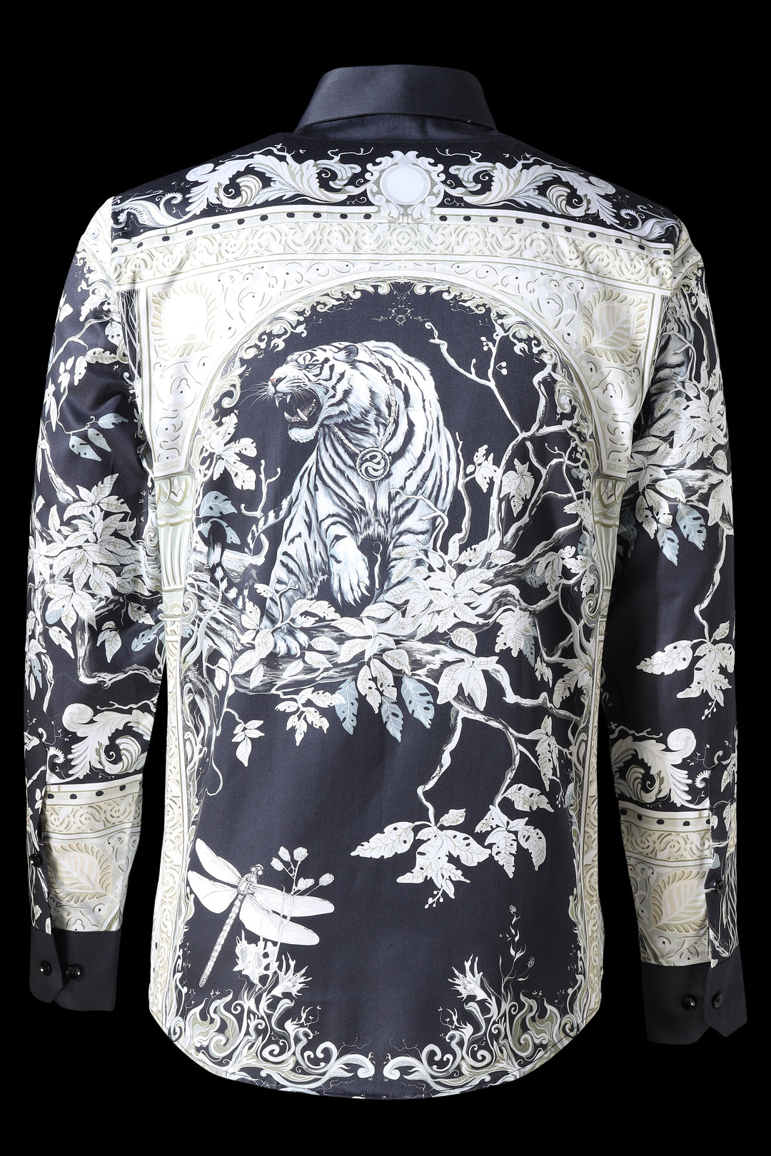 Elegant black embroidered jacket with white tiger design on a black background LoudLess