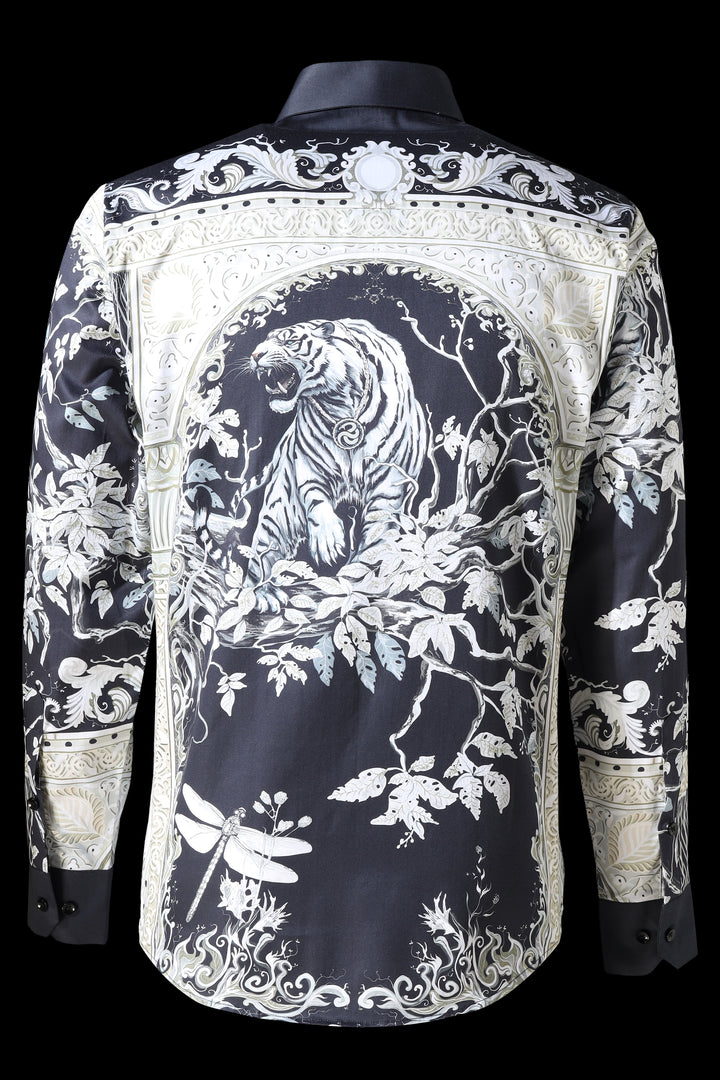 Elegant black embroidered jacket with white tiger design on a black background LoudLess