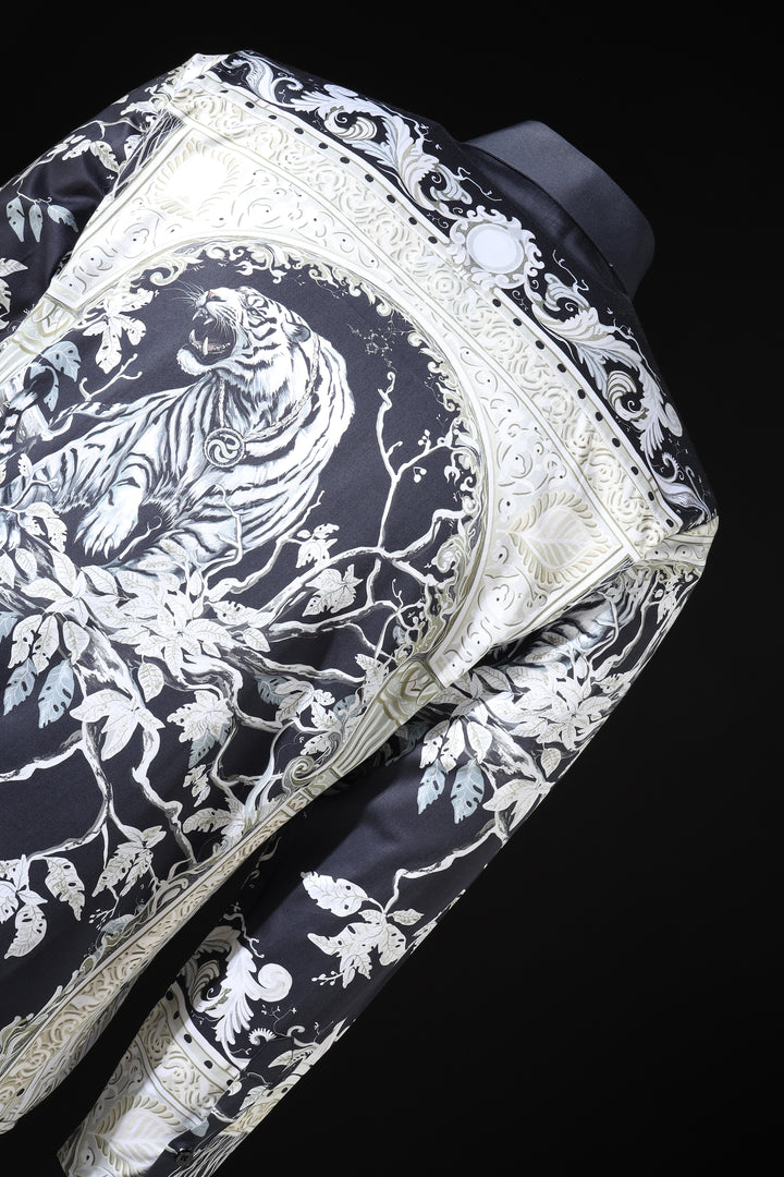 Decorative bag with white tiger design on a black background LoudLess