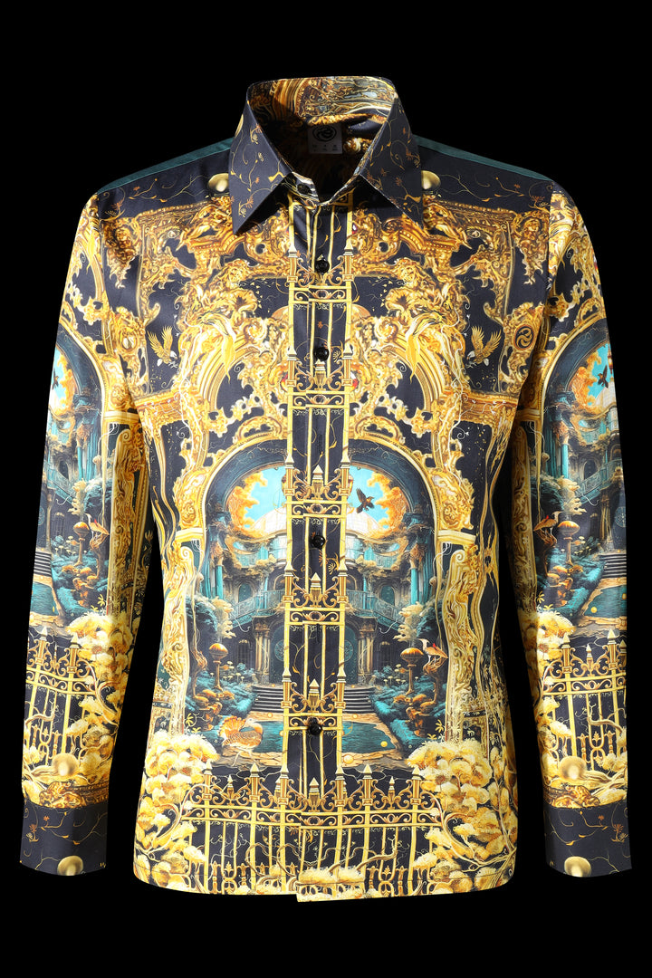 Decorative shirt with intricate gold and blue pattern on a black background LoudLess