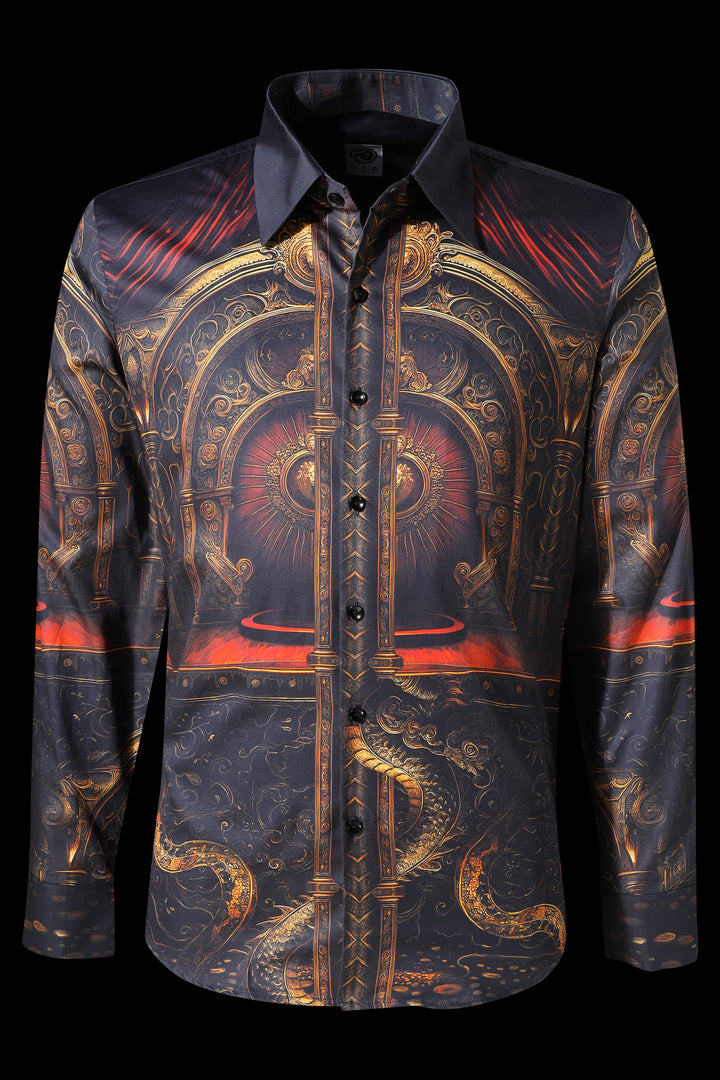Decorative shirt with intricate patterns on a black background LoudLess