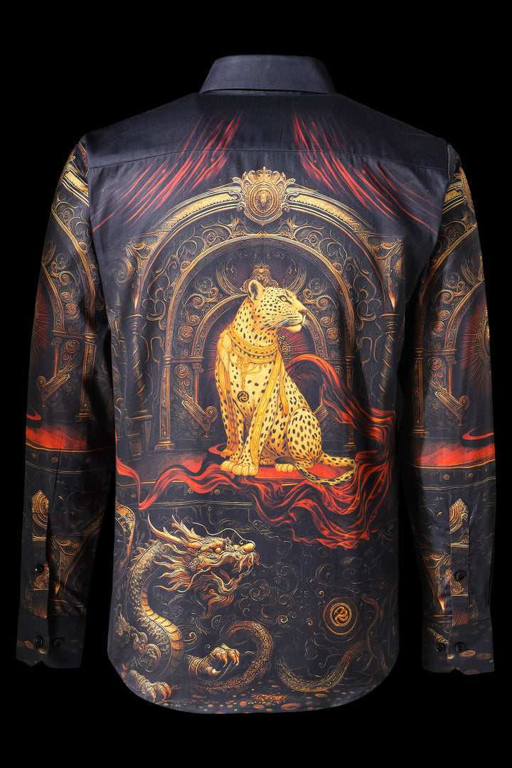 Decorative shirt with a leopard and dragon design on a black background LoudLess
