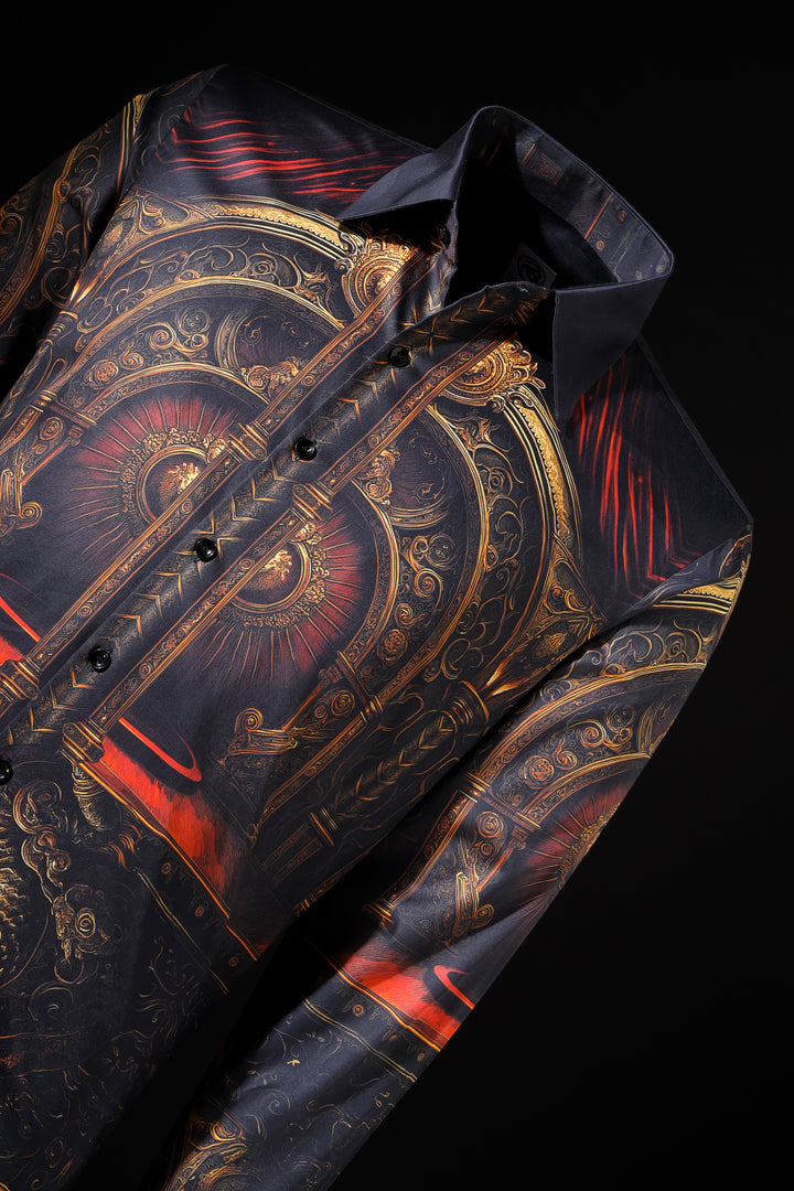 Decorative tie with intricate patterns and colors on a black background LoudLess