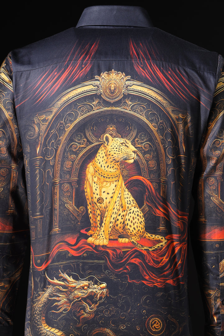 Luxurious shirt with a gold leopard design on a dark background LoudLess