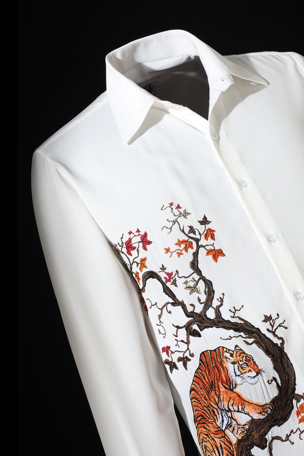 LoudLess EMB Tiger 3 — Men's embroidered tiger shirt in white blended luxury fabric. Perfect for weddings and festive occasions from Delhi.
