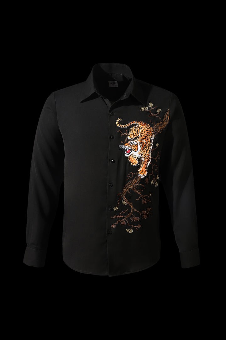 Black shirt with a tiger design on a black background
