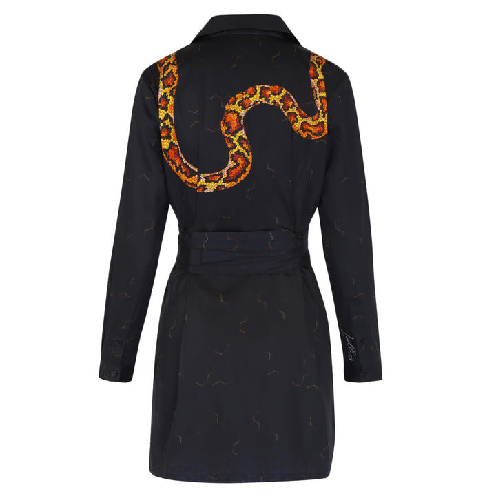 A ghost mannequin display of a snake printed dress made of 100% soft and breathable cotton. The dress features a flattering fit and bold print, making it a must-have for any wardrobe